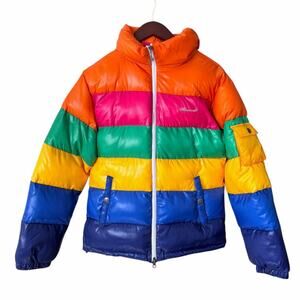 Akademiks Y2K Rainbow Puffer Jacket Men's XL Color Block Streetwear Hip Hop Coat